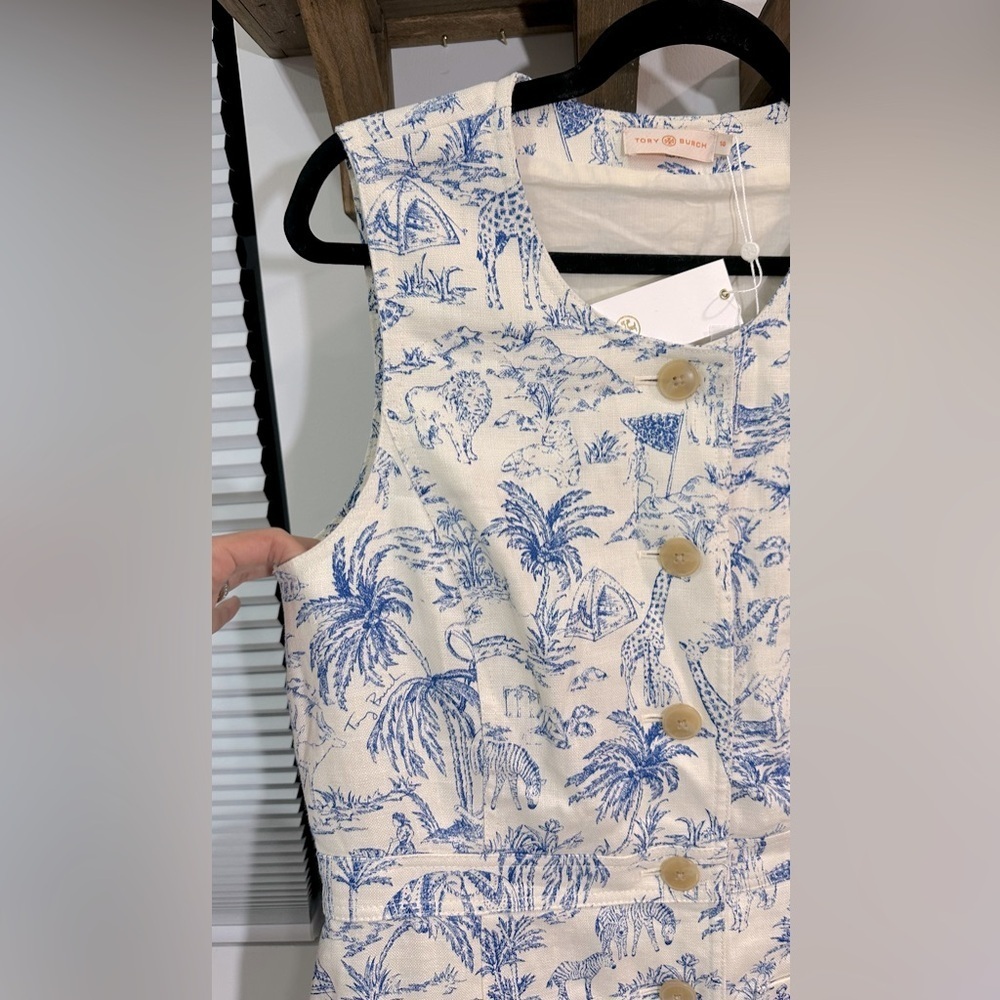 NWT Tory Burch Safari Printed Linen Shift Dress Ivory & Blue 10 - Picture 8 of 16